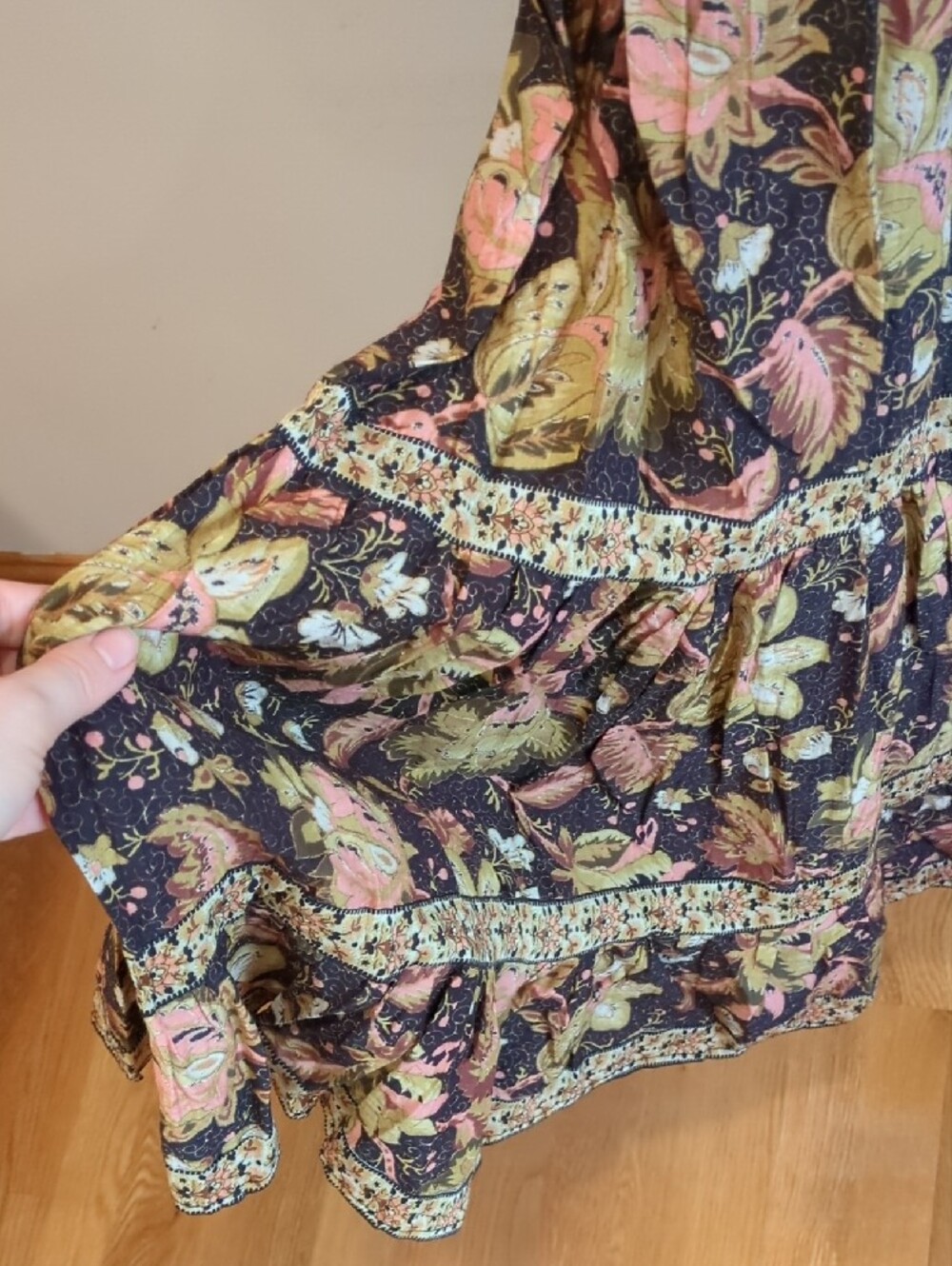 Western Boho Whimsy Cottage Sundance Brown Pink Floral Maxi Dress Size Large EUC - Picture 7 of 9